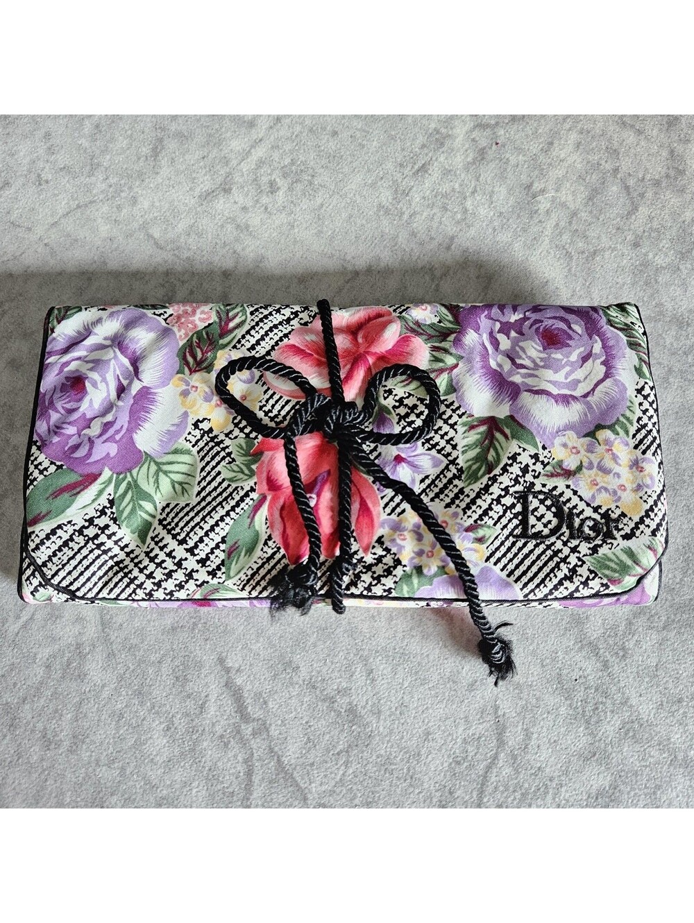 Christian Dior Floral Roll Up Cosmetic Bag Travel Organizer USA CD Zip